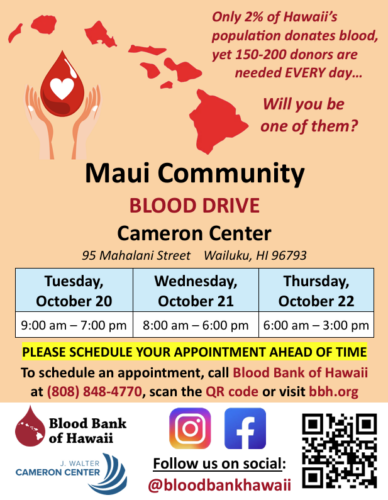 Blood Bank of Hawaii plans Maui drive Oct. 20–22